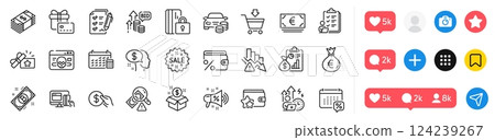 Payment, Online payment and Euro currency line icons pack. Social media icons. Report, Survey checklist, Buy car web icon. Fraud, Calendar, Gift card pictogram. Vector Payment, Online payment and Euro currency line icons pack. Social media icons. Report, Survey checklist, Buy car web icon. Fraud, Calendar, Gift card pictogram. Vector 124239267