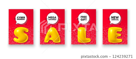 Poster templates with 3d sale text. Cyber Monday Sale tag. Special offer price sign. Advertising Discounts symbol. Cyber monday poster frame message. Offer chat bubbles. Text speech balloon. Vector 124239271