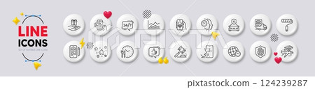 Airplane wifi, Stars and Paint roller line icons. White buttons 3d icons. Pack of Trade infochart, 24h service, Food time icon. Like, Messenger mail, Loyalty program pictogram. Vector Airplane wifi, Stars and Paint roller line icons. White buttons 3d icons. Pack of Trade infochart, 24h service, Food time icon. Like, Messenger mail, Loyalty program pictogram. Vector 124239287