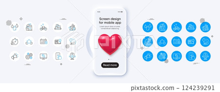 Phone mockup with 3d heart icon. E-bike, Product knowledge and Speaker line icons. Pack of 360 degrees, Cogwheel, Monitor repair icon. Wholesale goods, Megaphone, Waterproof pictogram. Vector Phone mockup with 3d heart icon. E-bike, Product knowledge and Speaker line icons. Pack of 360 degrees, Cogwheel, Monitor repair icon. Wholesale goods, Megaphone, Waterproof pictogram. Vector 124239291