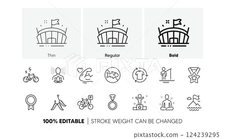 Bicycle parking, Mountain flag and Winner line icons. Pack of Fisherman, Stop fishing, Reward icon. E-bike, Maggots, Change clothes pictogram. Yoga, Arena, Yoga balance. Medal. Line icons. Vector 124239295