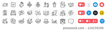 Gift dream, Launch project and Refresh bitcoin line icons pack. Social media icons. Power certificate, Confirmed, Report web icon. Pillows, Cloud storage, Takeaway pictogram. Charging station. Vector 124239299