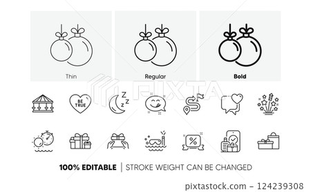 Tanning time, Christmas ball and Journey line icons. Pack of Carry-on baggage, Fireworks stars, Discounts ribbon icon. Carousels, Give present, Heart pictogram. Be true, Gifts. Line icons. Vector Tanning time, Christmas ball and Journey line icons. Pack of Carry-on baggage, Fireworks stars, Discounts ribbon icon. Carousels, Give present, Heart pictogram. Be true, Gifts. Line icons. Vector 124239308