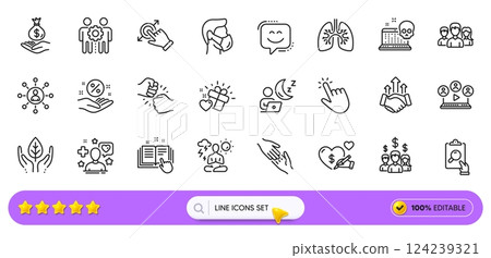 Smile face, Love gift and Income money line icons for web app. Pack of Networking, Medical mask, Inspect pictogram icons. Helping hand, Salary employees, Fair trade signs. Cursor. Search bar. Vector Smile face, Love gift and Income money line icons for web app. Pack of Networking, Medical mask, Inspect pictogram icons. Helping hand, Salary employees, Fair trade signs. Cursor. Search bar. Vector 124239321