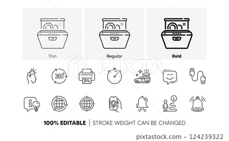 360 degree, Timer and Clock bell line icons. Pack of Seo internet, Smile face, Award app icon. Food delivery, Dishwasher, Print image pictogram. Globe, Lamp, Charging cable. Line icons. Vector 124239322