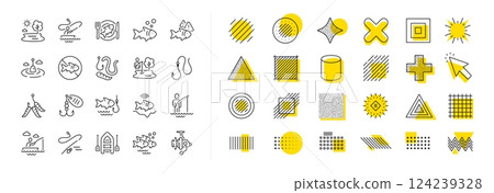 Inflatable boat, Worms or Maggot bait and Fishing rod set. Design shape elements. Fishing line icons. Float bobber, echo sounder and hook with worms line icons. Vector Inflatable boat, Worms or Maggot bait and Fishing rod set. Design shape elements. Fishing line icons. Float bobber, echo sounder and hook with worms line icons. Vector 124239328