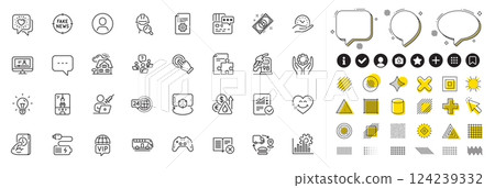 Set of Realtor, Card and Fitness line icons for web app. Design elements, Social media icons. Augmented reality, Inspect, Teamwork question icons. Battery, Petrol station, Bitcoin signs. Vector 124239332