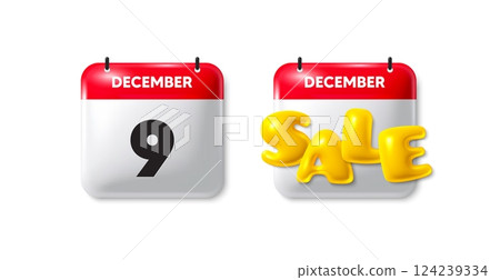 Calendar date sale 3d icon. 9th day of the month icon. Event schedule date. Meeting appointment time. 9th day calendar message. Save the date 3d banner. Day or Month of sales. Vector 124239334