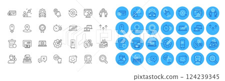 Cursor, Sales diagram and E-mail line icons pack. Scroll down, Swipe up, Certificate web icon. Wallet, Inspect, Pin pictogram. Atm, Discounts chat, Refrigerator. Employees teamwork. Vector 124239345