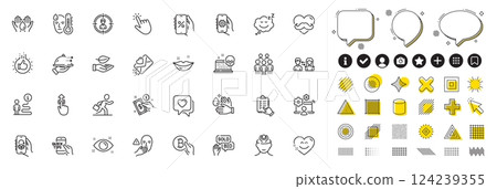 Set of Checklist, Lips and Bid offer line icons for web app. Design elements, Social media icons. Health eye, Safe water, People communication icons. Cyber attack, Online job, Dont touch signs. Vector 124239355