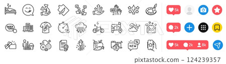 Favorite app, Timer and Cleaning line icons pack. Social media icons. Cutting board, Love mail, Palette web icon. Buildings, Sleep, Work home pictogram. Certificate, Bribe, Windy weather. Vector 124239357