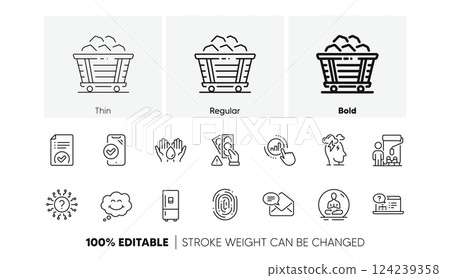 Yoga, New mail and Smile line icons. Pack of Coal trolley, Fingerprint, Graph chart icon. Refrigerator, Painter, Stress pictogram. Approved phone, Approved document, Online help. Line icons. Vector 124239358