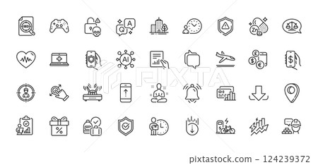 Document, Notification bell and Gamepad line icons pack. AI, Question and Answer, Map pin icons. Arrivals plane, Money app, Security app web icon. Vector Document, Notification bell and Gamepad line icons pack. AI, Question and Answer, Map pin icons. Arrivals plane, Money app, Security app web icon. Vector 124239372