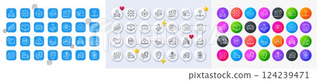 Parking app, Passport and Send box line icons. Square, Gradient, Pin 3d buttons. AI, QA and map pin icons. Pack of Inventory cart, Lighthouse, Metro icon. Vector 124239471