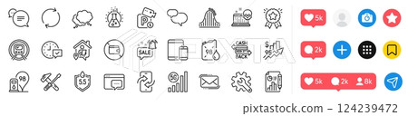 Wallet, Phone transfer and Customisation line icons pack. Social media icons. Seo message, Chat message, Parking security web icon. Work home, Rise price, Promotion bell pictogram. Vector 124239472
