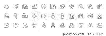 Consulting business, Strong arm and Ethics line icons. Pack of Wash hands, Team work, Donation money icon. Fraud, Employees talk, Conversation messages pictogram. Oculist doctor. Line icons. Vector 124239474