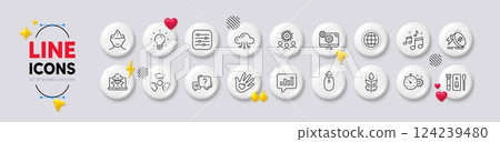 Coronavirus, Mental health and Light bulb line icons. White buttons 3d icons. Pack of Swipe up, Globe, Analytical chat icon. Music, Question mark, Cogwheel timer pictogram. Vector Coronavirus, Mental health and Light bulb line icons. White buttons 3d icons. Pack of Swipe up, Globe, Analytical chat icon. Music, Question mark, Cogwheel timer pictogram. Vector 124239480