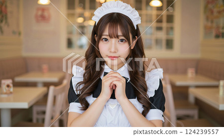 A polite customer service scene in a maid outfit with both hands 124239557