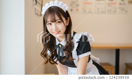 A smiling Japanese woman at a maid cafe 124239559