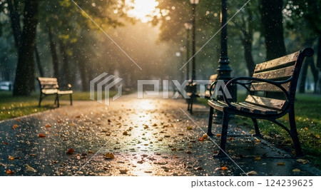 Rainy day melancholy, an empty park bench 124239625