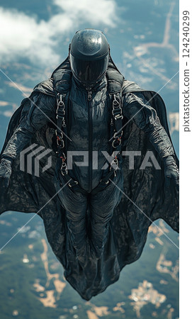 A wingsuit flyer dressed in black soars through the sky with a scenic landscape below. 124240299