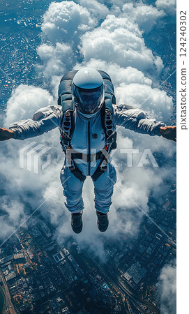 A skydiver embraces freedom, soaring through the clouds with a stunning city view beneath. 124240302