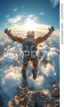 A skydiver jumps from a mountain peak, arms outstretched, descending through a sea of clouds. 124240303