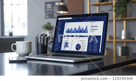 Laptop displaying financial charts on a desk with a coffee and smartphone, showcasing business analytics. 124240304