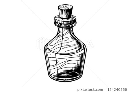 Magic bottle with potion hand drawn ink sketch. Engraved style vector illustration. Magic bottle with potion hand drawn ink sketch. Engraved style vector illustration. 124240366