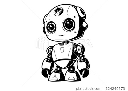 Hand-Drawn Cute Robot or chat bot in a Timeless Vintage Engraved Style. Vector Illustration. 124240373
