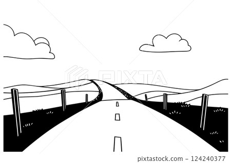 Simple road hand drawn ink sketch highway landscape. Engraved style vector illustration. Simple road hand drawn ink sketch highway landscape. Engraved style vector illustration. 124240377