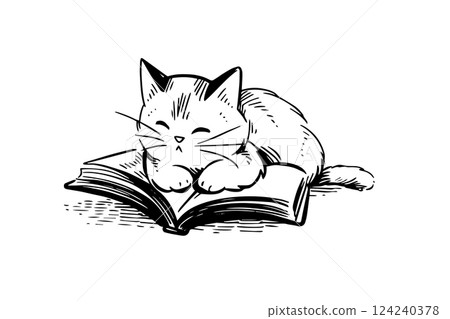 Cat read a book hand drawn ink sketch. Engraved vector illustration. 124240378