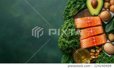Fresh salmon fillets, avocado, kale, spinach, eggs, and nuts on a wooden board. Healthy keto ingredients rich in protein, omega fats, and vitamins 124240409