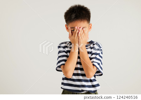 Asian portrait young kid boy in depressed bad mood covering face with hands and peering out with one eye between fingers studio shot isolated on white background, primary child surprised and shocked Asian portrait young kid boy in depressed bad mood covering face with hands and peering out with one eye between fingers studio shot isolated on white background, primary child surprised and shocked 124240516