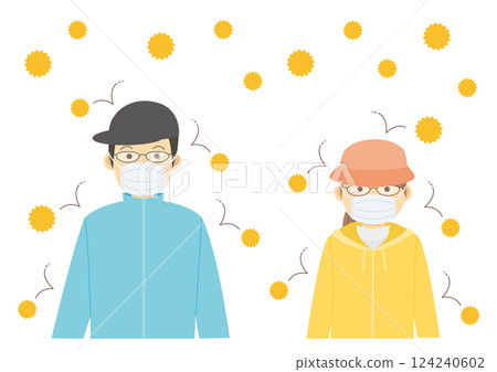 飛揚的花粉和人們採取措施預防花粉症的插圖 124240602