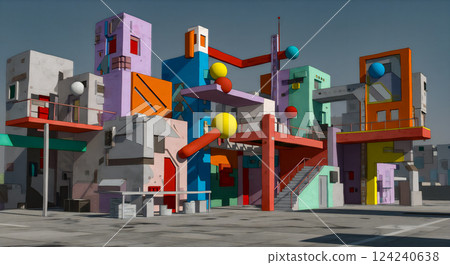 An architectural design with abstract forms woven together by geometric patterns 124240638