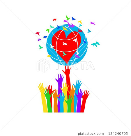 Hands support the globe with hearts surrounded by colorful birds. 124240705