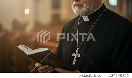 Close up portrait of Catholic clergyman. Christian priest in black clerical clothing with silver cross necklace and Bible book on hands in temple or church. Religious and traditional faith concept. 124240825