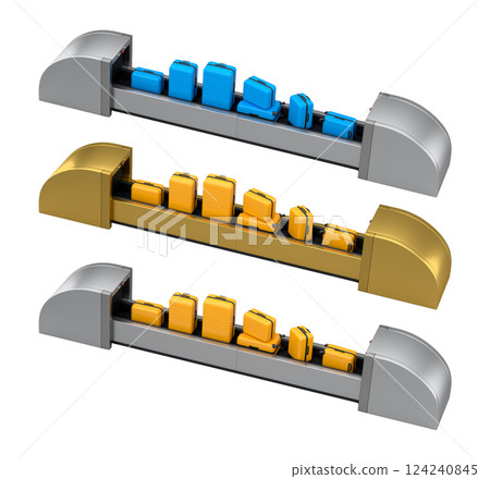 Set of Airport luggage conveyor belt or baggage claim area with suitcases on white background. 3d render of travel vacation concept. 124240845