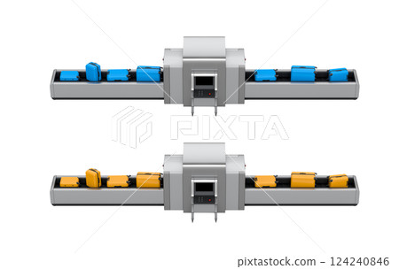Set of Airport luggage conveyor belt or baggage claim area with suitcases on white background. 3d render of travel vacation concept. 124240846
