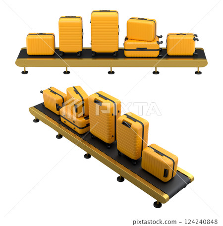 Set of Airport luggage conveyor belt, manufacture line or baggage claim area with suitcases on white background. 3d render of travel vacation concept. 124240848