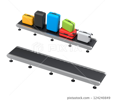 Set of Airport luggage conveyor belt, manufacture line or baggage claim area with suitcases on white background. 3d render of travel vacation concept. Set of Airport luggage conveyor belt, manufacture line or baggage claim area with suitcases on white background. 3d render of travel vacation concept. 124240849