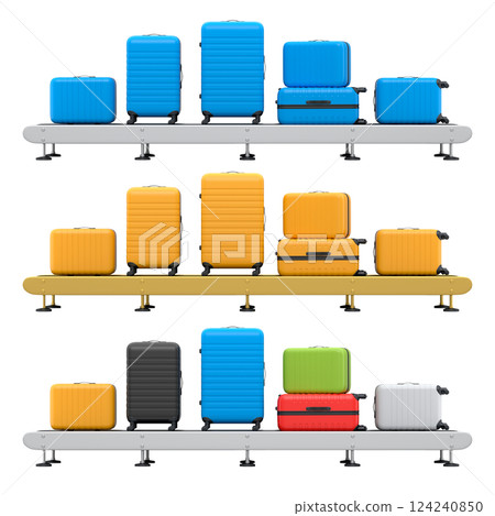 Set of Airport luggage conveyor belt, manufacture line or baggage claim area with suitcases on white background. 3d render of travel vacation concept. Set of Airport luggage conveyor belt, manufacture line or baggage claim area with suitcases on white background. 3d render of travel vacation concept. 124240850