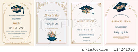 Collection of Art Deco Framed Graduation Party Invitations with Floral Graduation Caps 124241056