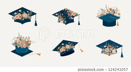 Floral Graduation Cap Illustrations Set. Floral Graduation Cap Illustrations Set. 124241057