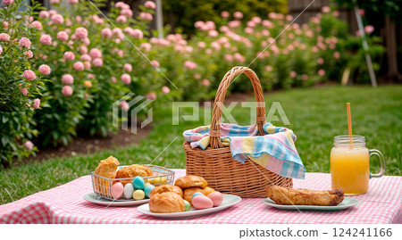 Lunch in the park on the green grass. Summer sunny day and picnic basket 124241166