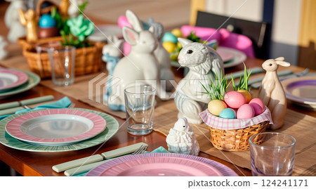 Easter traditional bread, austrian ostern zopf, greek tsoureki and red eggs on a table, still life 124241171