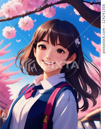 新學期開始時，一名高中女生站在一棵櫻花樹下。 124241308
