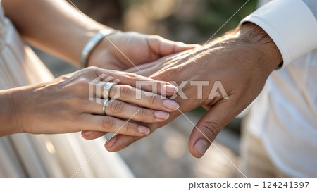 A man is carefully placing a wedding ring onto a womans finger 124241397