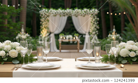 A wedding reception table set with plates, glasses, candles, flowers 124241399